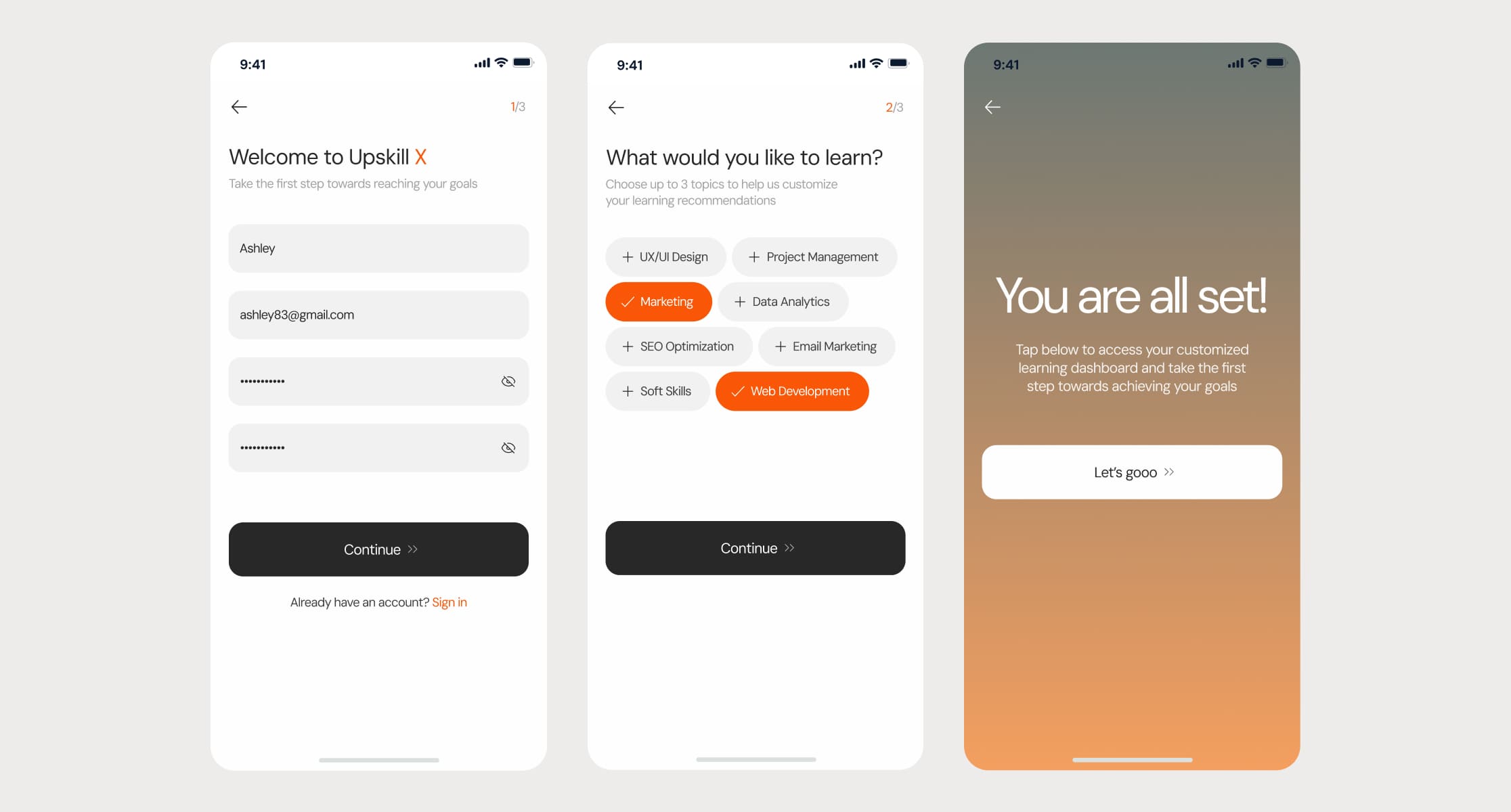 Onboarding flow — three steps